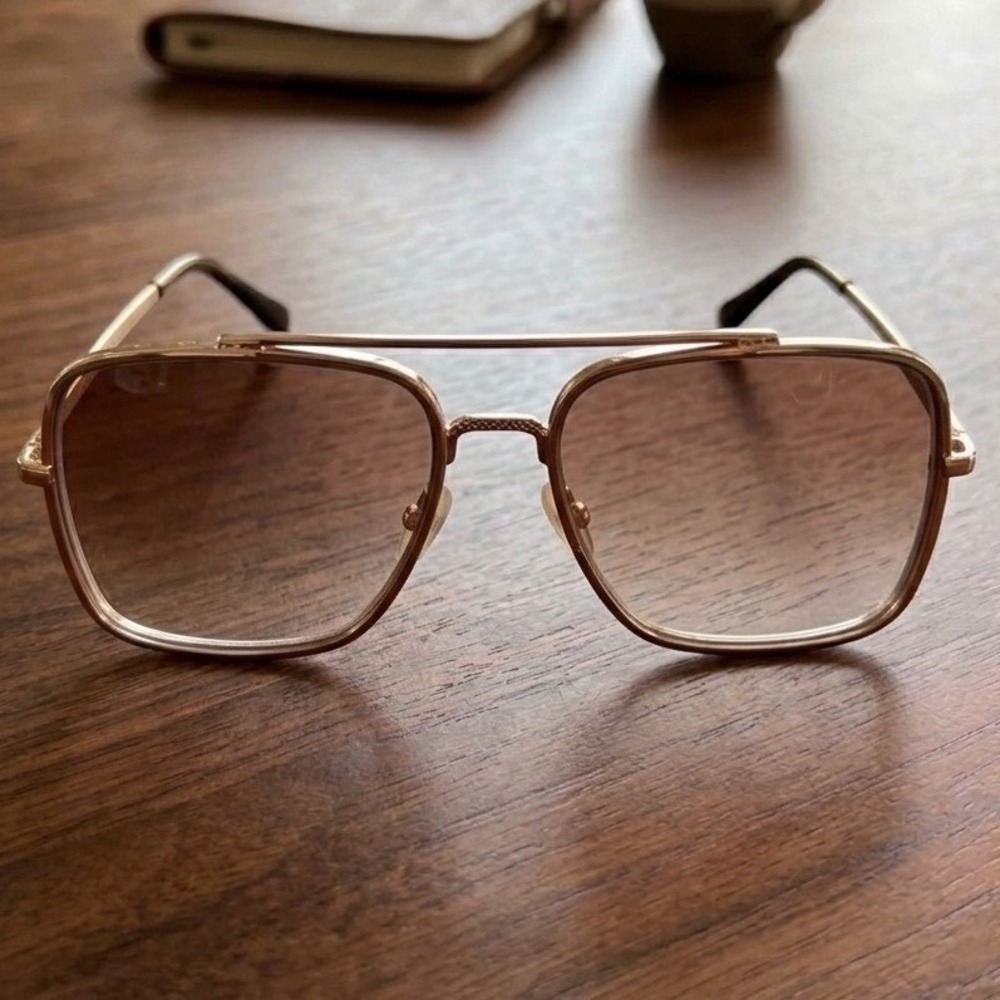 Topfoxx Gold Square Aviator Sunglasses Gradient Brown Lens Double Bridge